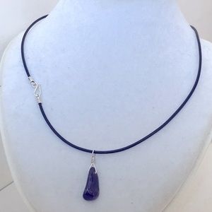 Sterling Silver 925 Ameythest Crystal Leather Cord Necklace 20”